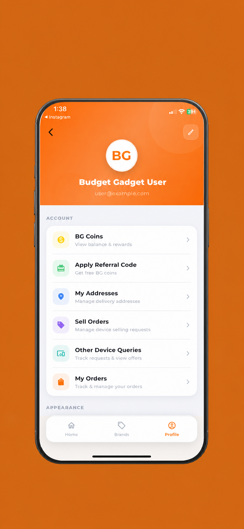 Budget Gadget profile screen showing account options