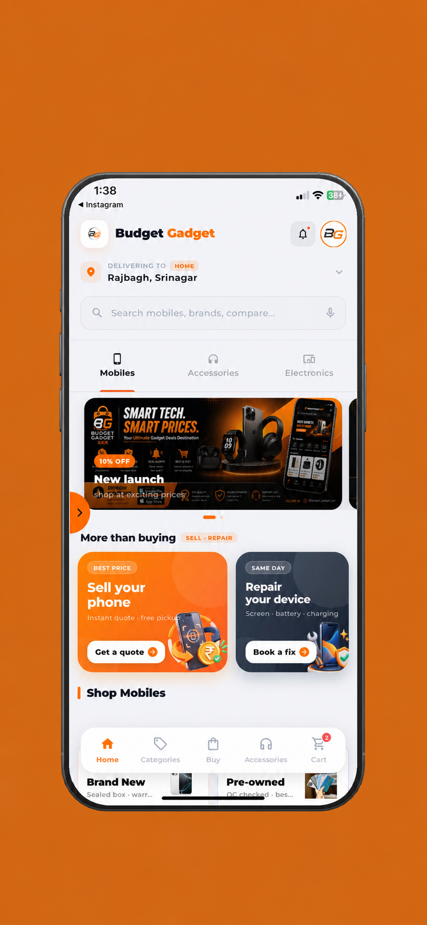 Budget Gadget shopping home screen showing mobiles, accessories, selling and repair options